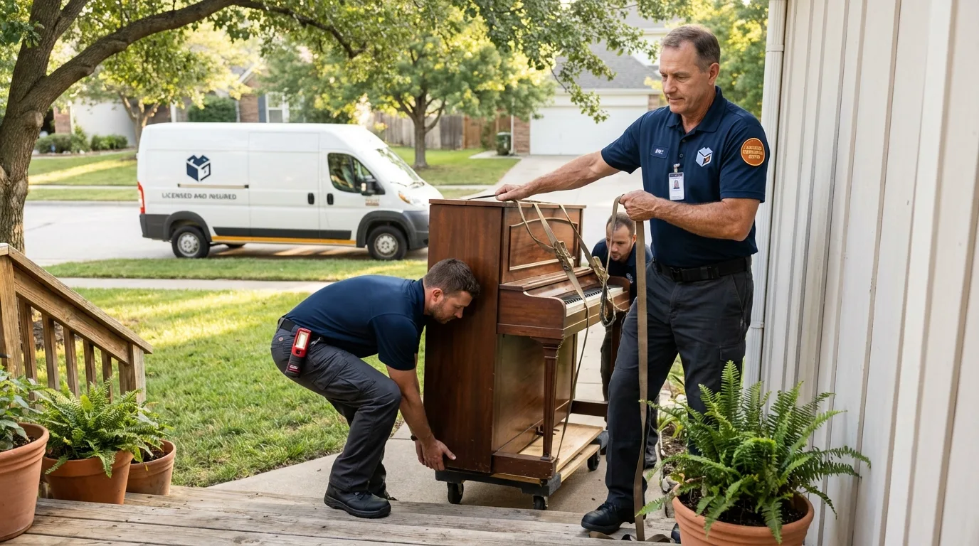 Licensed piano movers securing grand piano in Franklinton, LA