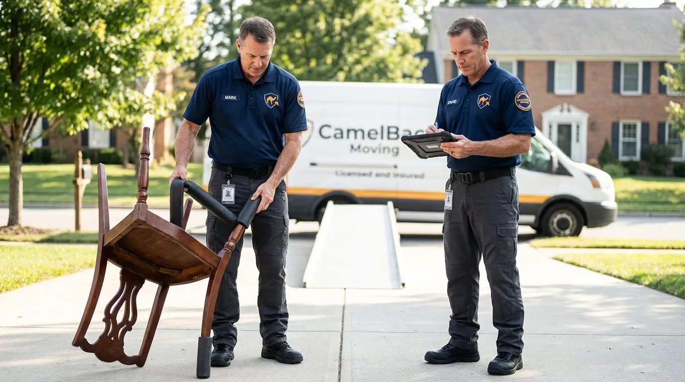 Movers inspecting furniture for damage prevention before loading in Franklinton, LA