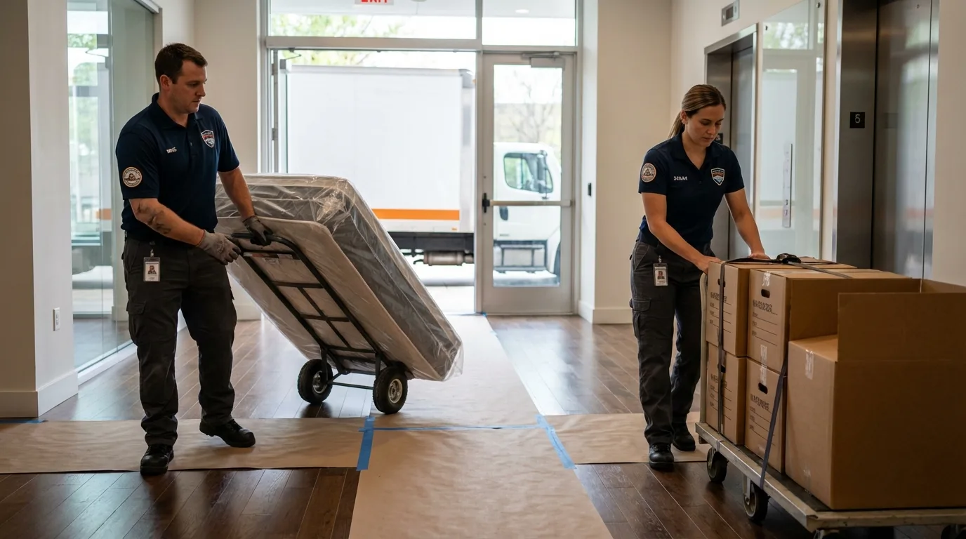 Professional apartment movers loading elevator in Franklinton, LA